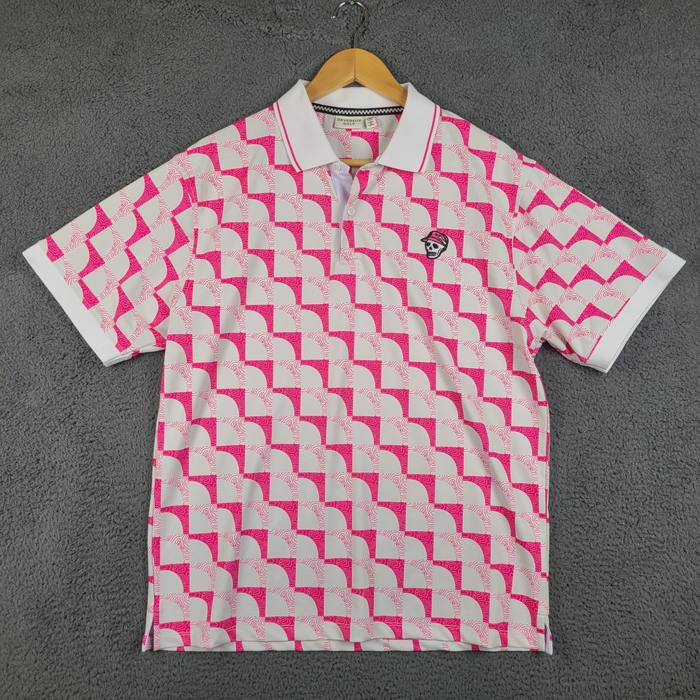 Devereux Golf Mens Pink White Topo Print Polo Shirt Skull Size M